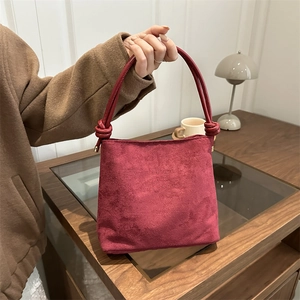 Women Retro Frosted PU Leather Bucket Bag Minimalist Niche Design Shoulder Crossbody Bag With Knotted Strap