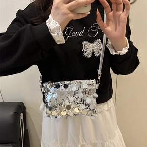 Fashionable silver sequined mini crossbody bag for women with elegant chain strap
