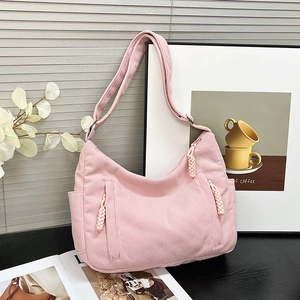 Damen Große Kapazität Cord Umhängetasche Vielseitige Tote Bag Mit Seitentaschen Und Gewebten Schiebern Lässige Handtasche