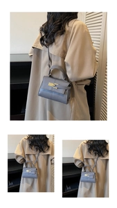 Detail of grey pebble leather handbag with gold hardware and street style model shots