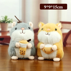 Cute 15cm hamster plush keychains in grey and yellow holding snacks and boba tea