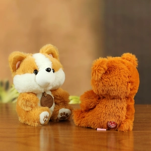 Cute plush stuffed animal set featuring a corgi dog and bear cub with soft fluffy texture
