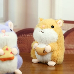 Detail shot of cute plush hamster holding a nut with soft focus background textures