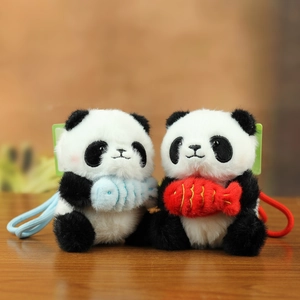 Portachiavi a forma di panda in peluche con pesciolini e cordini per decorare zaini