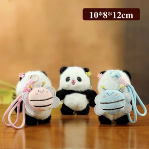 Cute panda plush keychain with bee backpacks, 10x8x12cm soft stuffed animal bag charm