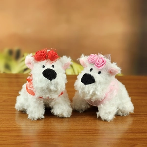 Plush West Highland White Terrier keychain charms with decorative lace bows and flower headbands