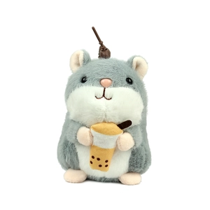 Cute gray and white plush hamster keychain holding a boba milk tea cup ornament