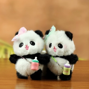 Porte-clés panda en peluche mignons avec nœuds colorés et biberons miniatures