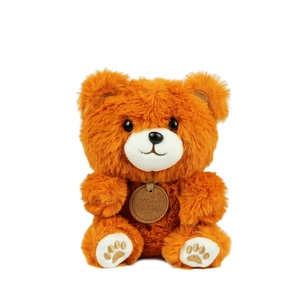 Cute brown plush teddy bear with round leather tag and embroidered paws on white background