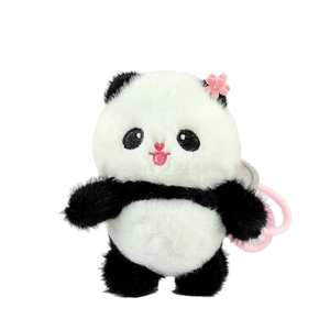 Cute panda plush keychain with pink flower accessory and soft black and white fur