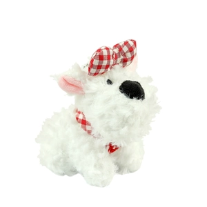 Cute white plush Westie dog charm with red plaid bow and collar for bags and keys