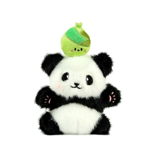 Cute panda plush keychain with green sprout hat and pink paw details on white background