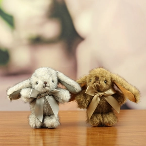 Cute faux mink fur bunny plush pendants in grey and brown with satin ribbon bows