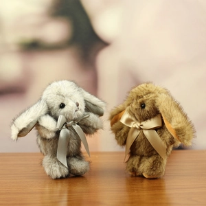 Cute faux mink fur bunny plush keychain with satin bow for handbags in gray and brown