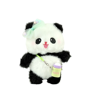 Porte-clés panda en peluche avec nœud en mesh vert menthe et accessoire de mini biberon