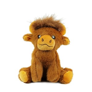 Cute brown highland cow plush keychain charm with fluffy texture and sitting pose