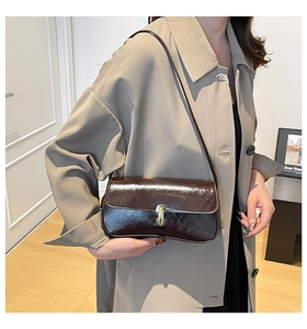 Detail of dark brown glossy underarm bag with gold metal buckle on a shoulder strap