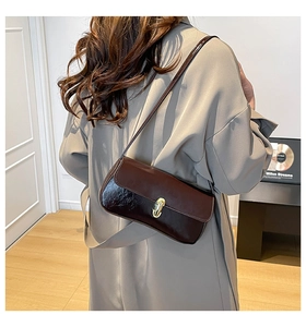 Details der dunkelbraunen Leder-Baguette-Tasche mit Goldverschluss und Doppelriemen