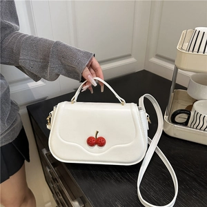 Women Small Square Bag PU Leather With Three Dimensional Cherry Decoration Sweet Stylish Handheld Shoulder Crossbody