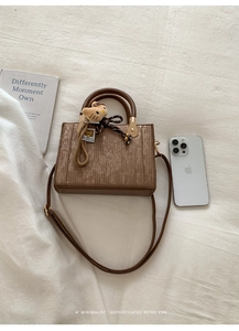 Vue détaillée du sac boîte à rayures marron avec boucles dorées et bandoulière