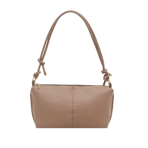 Minimalist tan leather underarm bag with decorative knots and golden zipper closure