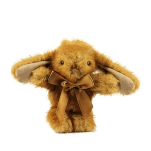 Cute brown plush rabbit charm with a dark satin bow for bags and keychains