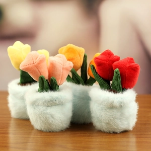Cute plush tulip flower pot pendants in red pink yellow orange on wood table