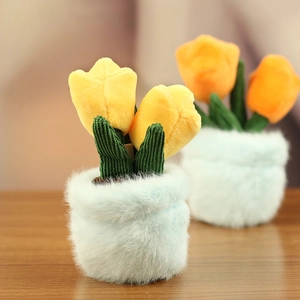 Close-up of cute tulip plush pendant showing soft corduroy leaves and colorful petals