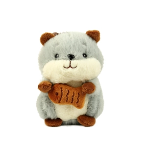 Cute gray plush hamster keychain holding a brown fish doll, soft stuffed animal charm