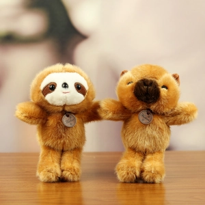 Plush sloth and bear toy set with soft faux fur and fashion leather neck tags