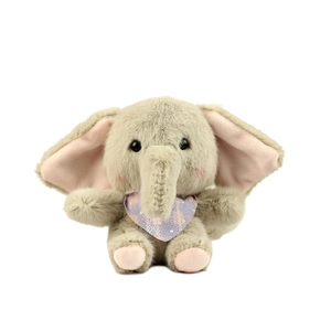 Cute elephant plush keychain with pink ears and purple plaid scarf on white background