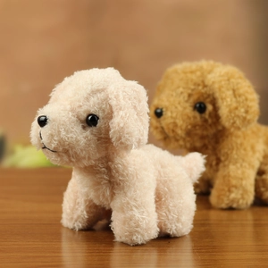 Detailed view of fluffy cream and brown teddy dog plush toys with soft curly texture