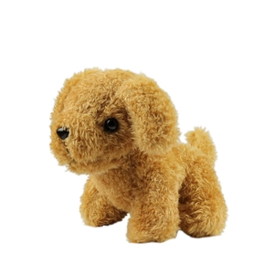 Cute curly teddy dog plush toy in golden brown fur standing on white background