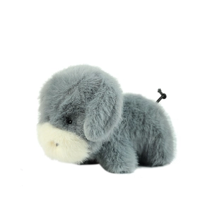 Mini grey and white shaggy dog plush toy with fluffy long fur in a cute seated pose
