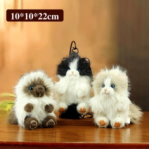 Three plush cat toy pendants in black, grey, and brown with soft fur, size 10x10x22cm