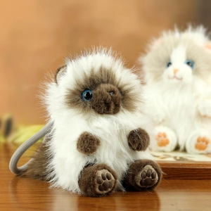 Detailed view of plush cat pendant featuring realistic fur texture and blue eyes