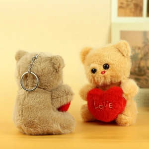 Plush teddy bear keychain with love heart embroidery and durable metal hook