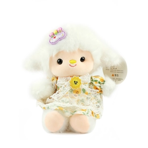 Cute white plush lamb doll with floral dress and sunflower patch for backpack accessory