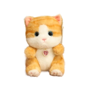 Realistic orange tabby cat plush toy with pink heart pearl pendant on white background
