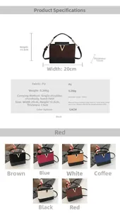 Detailed specs for contrast matte PU leather crossbody bag 20x13.5x7.5cm with V logo