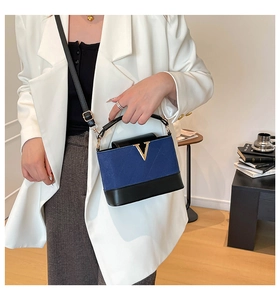 Detail der blauen Wildledertasche mit V-Gold-Schnalle und Rautensteppung für Damen