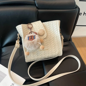 Retro Woven PU Leather Bucket Bag For Women Fashion Crossbody Shoulder Handbag With Plush Charm Adjustable Strap Daily Use