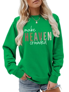 Close-up of make HEAVEN crowded print on green long sleeve crewneck sweatshirt for women