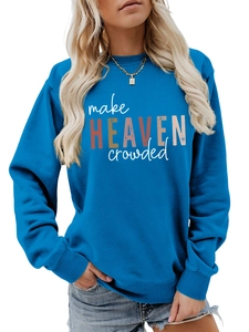 Detail of blue crewneck sweatshirt with make HEAVEN crowded print and gold necklace