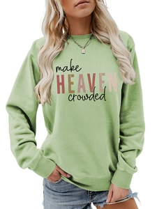 Detail of avocado green crewneck sweatshirt with 'make HEAVEN crowded' text print
