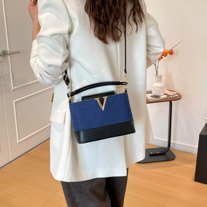 Minimalistische gesteppte Umhängetasche im Color-Block-Design mit goldener V-Verzierung