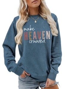 Detail of multi-color make HEAVEN crowded print on navy blue crewneck sweatshirt