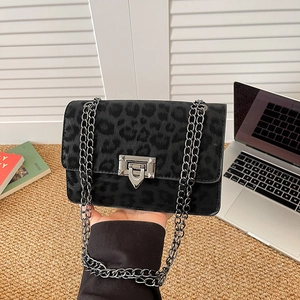 Women Leopard Print Chain Crossbody Bag Vintage Faux Suede Small Square Shoulder Bag For Daily Travel Fashion Handbag