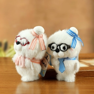 Cute couple plush bear keychains with glasses and striped scarves in soft white faux fur