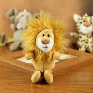 Close-up of a plush lion pendant with fluffy yellow mane and soft textured brown fur